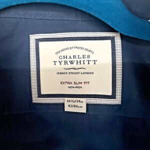 Charles Tyrwhitt Extra Slim Fit Dress Shirt 16.5 34 Navy Non Iron Cotton